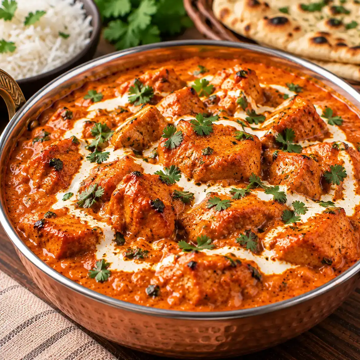 Butter Chicken — Tender chicken pieces are slow-simmered in a velvety, rich tomato and at Apna Bazar Kitchen